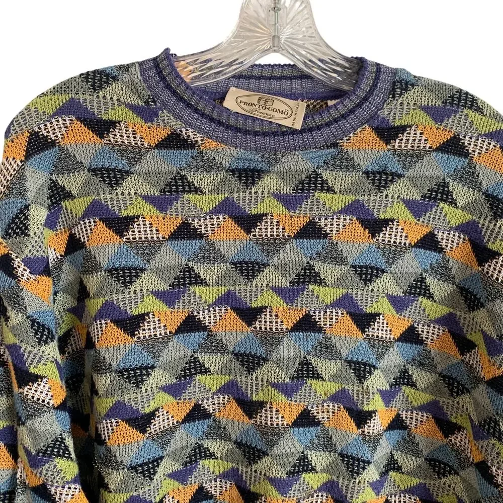 Pronto-Uomo Mens XL Merino Crew Neck Sweater Geometric Italy Winter Earthtones
